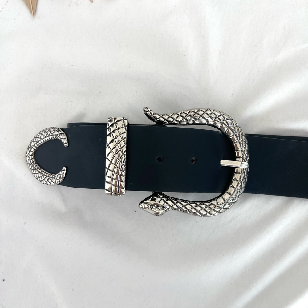 Fashion Nova Snake Reputation Black Silver Wide Faux Leather Double Buckle Belt - Picture 3 of 7